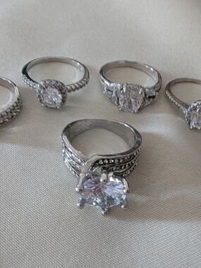 5 Silver-Tone Statement Rings with Clear Crystal Center